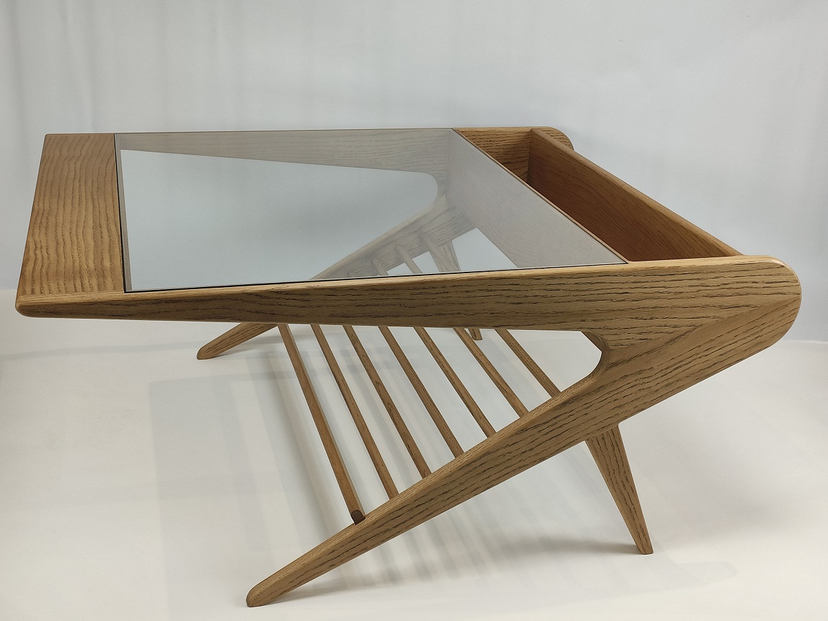 Table basse en chêne plateau verre barreaux inspiré par Ico Parisi